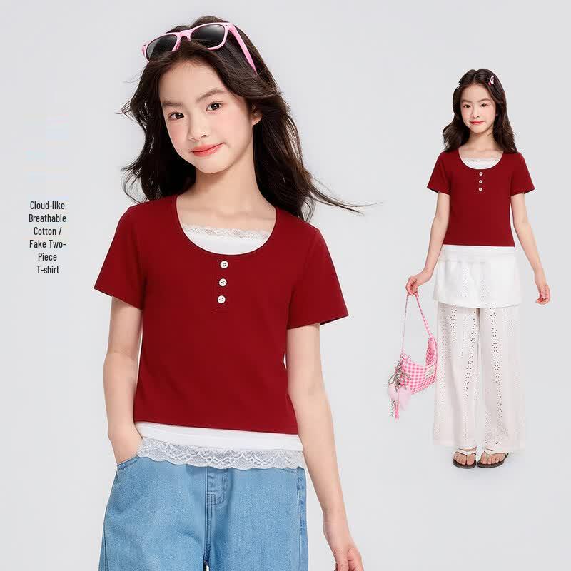 Girls  Lace Splicing Faux Two-Piece Short Sleeve T-Shirt 160