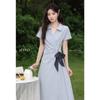 Women's French Style Blue Waist-Cinching Long Shirt Dress