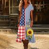 Damen Maxikleid mit V-Ausschnitt und kurzen Ärmeln mit 1776 Amerika-Print, Farbverlauf-Saum und Blumengrafik, Lässig, Lockerer Schnitt