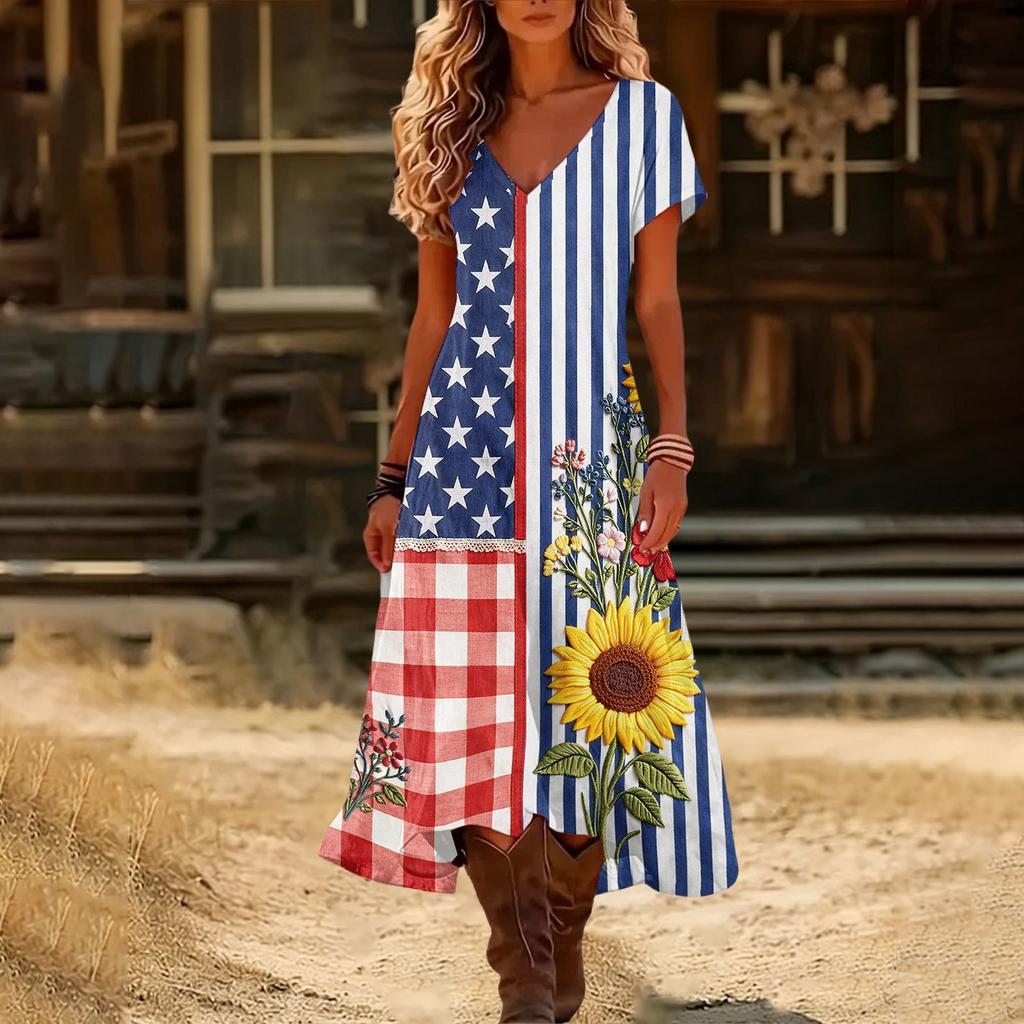 Damen Maxikleid mit V-Ausschnitt und kurzen Ärmeln mit 1776 Amerika-Print, Farbverlauf-Saum und Blumengrafik, Lässig, Lockerer Schnitt