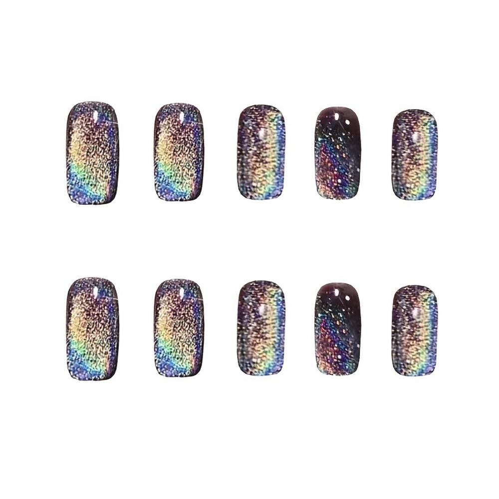 24 künstliche Nägel in Regenbogen-Katzenaugenform – komplettes Set mit kurzen künstlichen Nägeln für Damen – wunderschöne künstliche Nägel für einen auffälligen und auffälligen Look