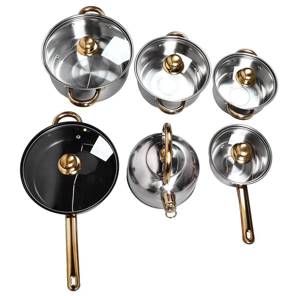 12-teiliges Küchen-Topf-Set aus Edelstahl mit goldenem Griff, glatt, robust, leicht zu reinigen, Kochgeschirr-Set für den Hausgebrauch