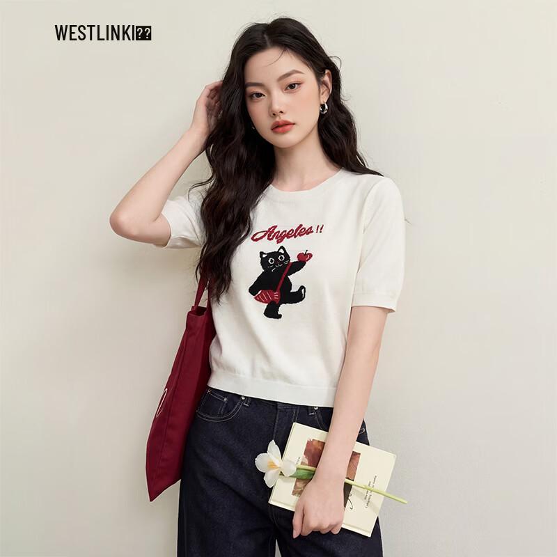 Westlink Cute Cartoon Cat Short Sleeve Sweater M