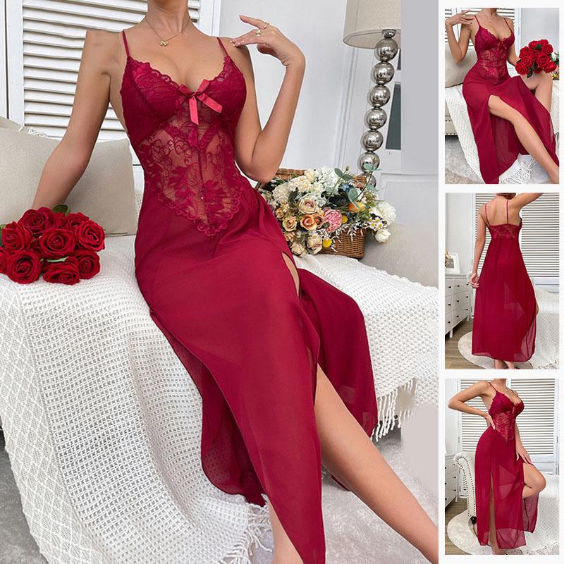 Lingerie de Casamento Sexy de Renda Mulheres Suspensórios Camisola Erótica Malha Longa Fenda Transparente Babydoll Adulto Transfronteiriço Fantasias
