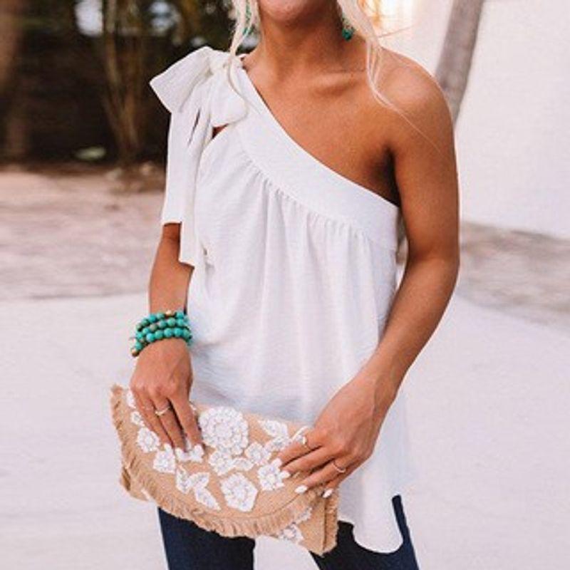 Slanted Shoulder Lace Up Sleeveless Top Pure Color Shoulder Shoelace Sleeveless Tops