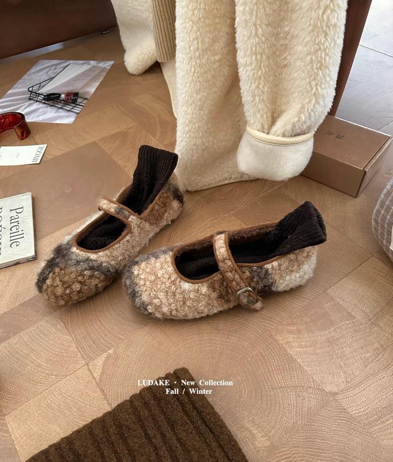 Inner Height Increase Leopard Print Mary Jane Fluffy Shoes Women Wear New Gray Woolen Single Shoes Thick-soled Velvet Cotton Shoes In Winter