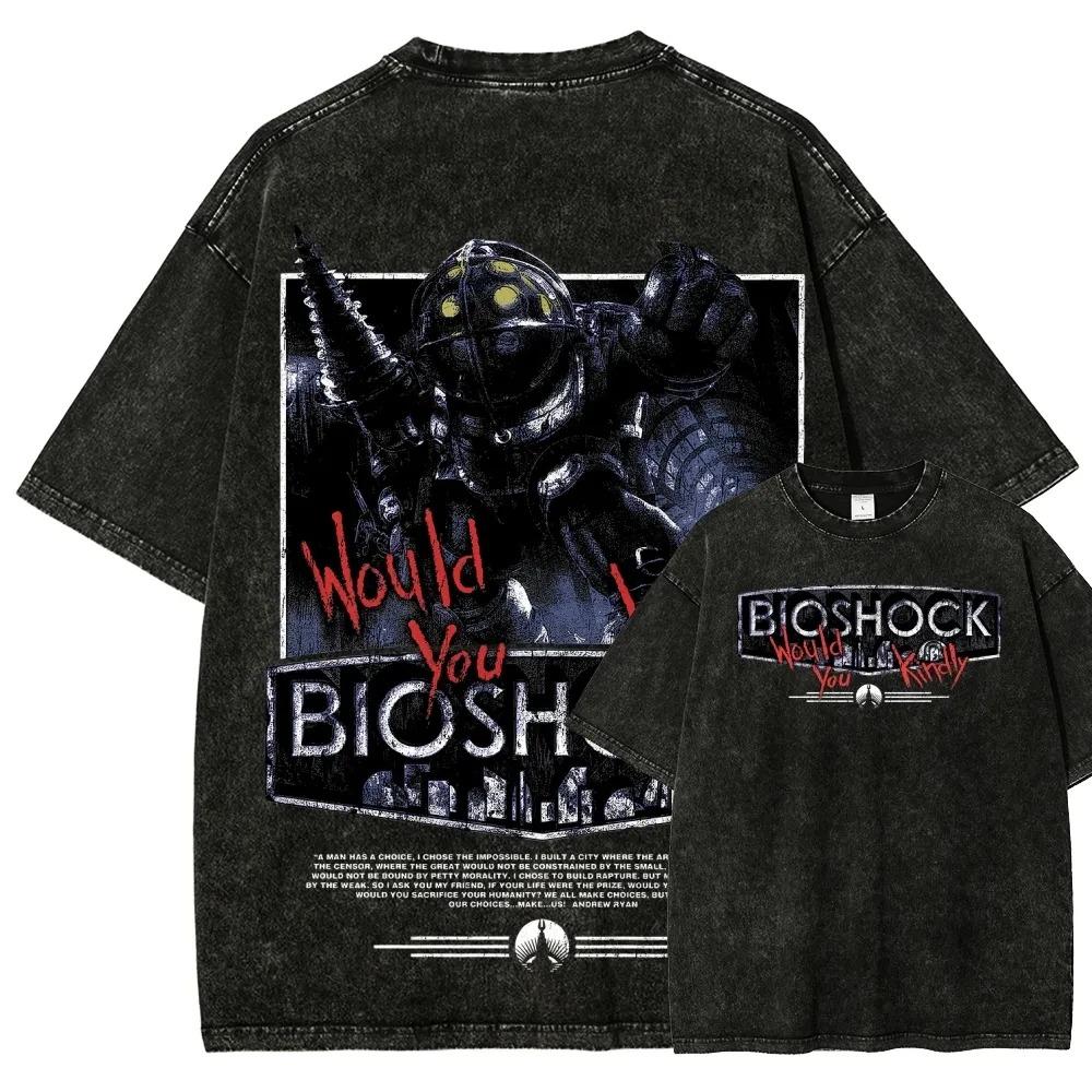 Klassisches Retro-Shooter-Spiel Bioshock Peripheriegeräte Grafikdruck T-Shirt Herren Damen Neu Harajuku Stil T-Shirt Vintage Gewaschenes Baumwolltop