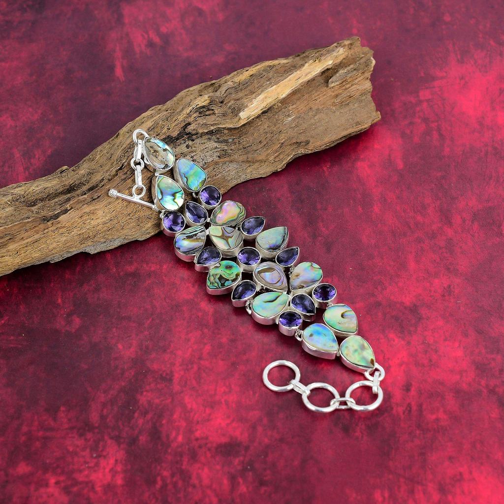 Abalone Shell, Amethyst Bracelet, 925 Solid Sterling Silver Gemstone Jewelry, Handmade Bracelet For Mother Day