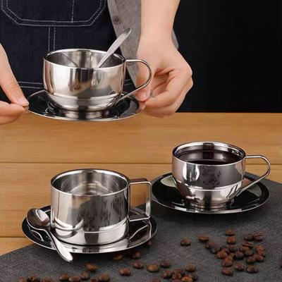 3 Pcs Coffee Cup Set Stainless Steel Espresso Cup with Saucer And Spoon Double Walled Drinkware Cup with Handle for Latte Cappuccino Milk Tea