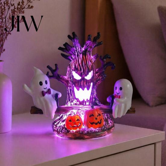Creative Gothic Style Night Lamp Animated Seesaw Ghost Light, USB Powered 3D Cute LED Small Light for Hallway with Spooky Tree And Pumpkin Design,