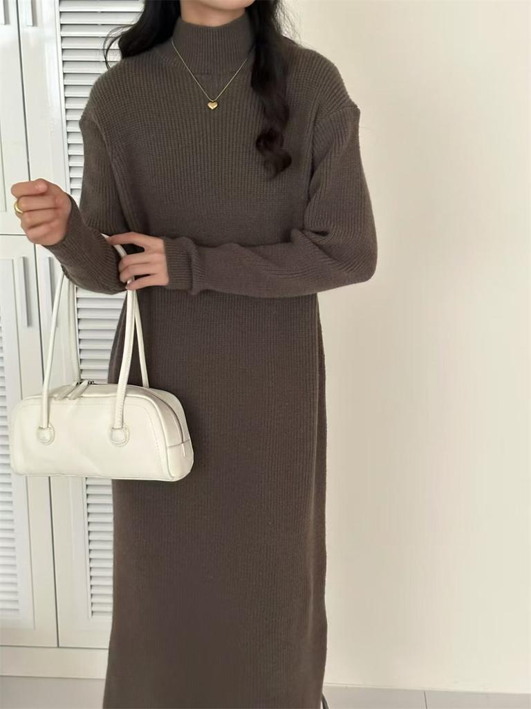 Solid color versatile semi-turtleneck knitted dress women's autumn and winter new loose inner matching coat sweater long dress