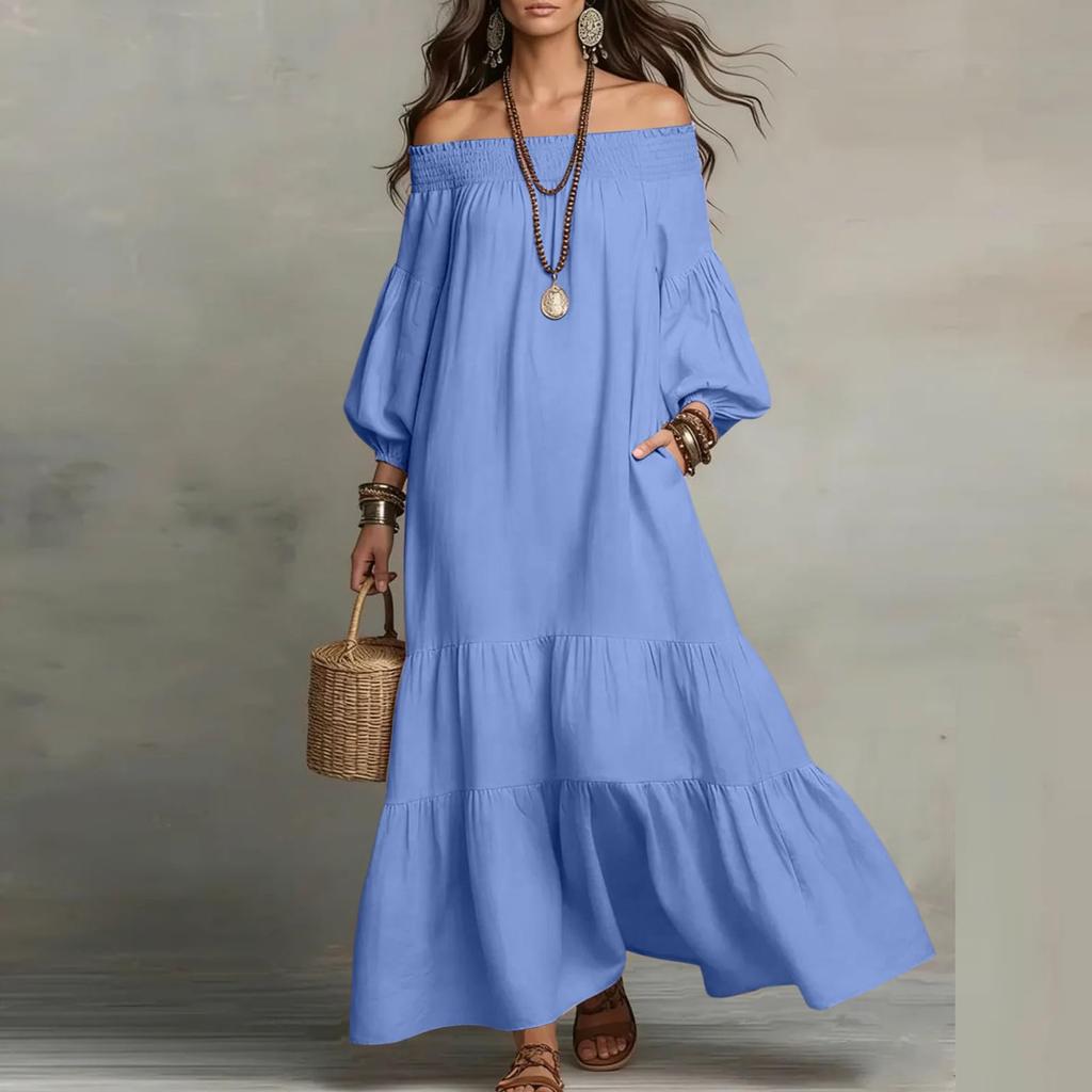 Womens Off Shoulder Maxi Dress Puff Sleeve Loose Fit Tiered Dresses Lightweight Boho Casual Dress