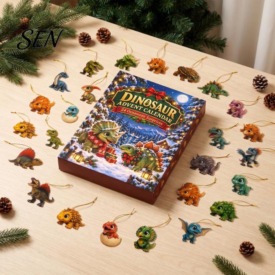 Acrylic Dinosaur Ornaments Christmas Countdown Calendar, 24Pcs Ornament Set with Cute Gift for Lovers Dino Designs, Holiday Tree Hanging Decor