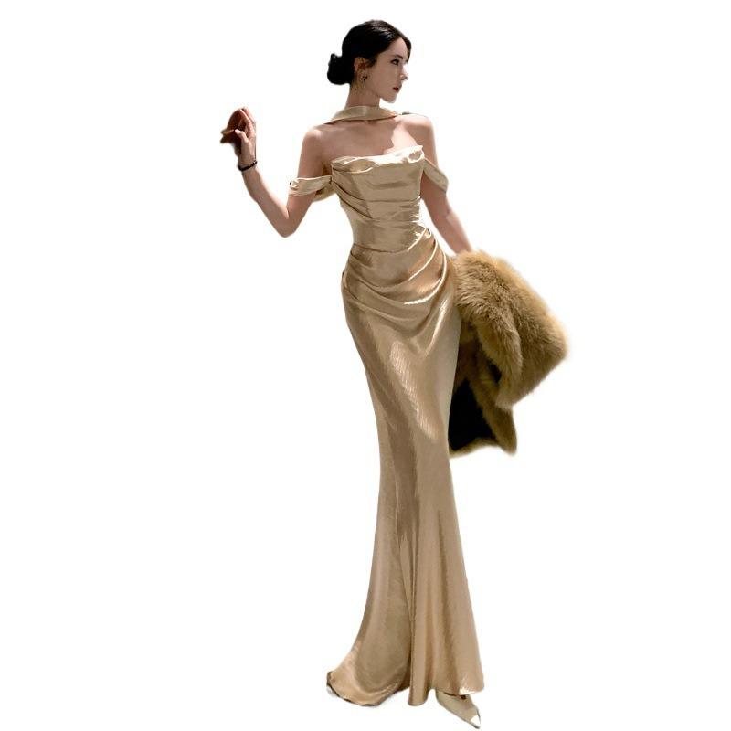 Amber Floating Light Gold Tub Top Engagement Dress Light Luxury Bridal Toast Dress Morning Gown Dress