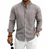 Mens Striped Linen Blend Stand Collar Long Sleeve Casual Shirt With Pockets