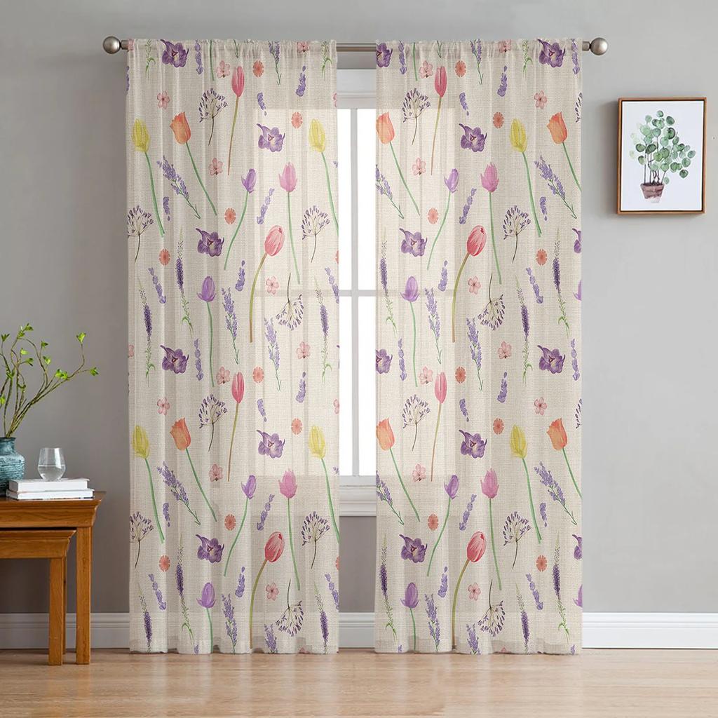 Rustic Vintage Tulip Flower Bird Sheer Curtains for Living Room Decoration Window Curtain Kitchen Tulle Voile Organza Drapes