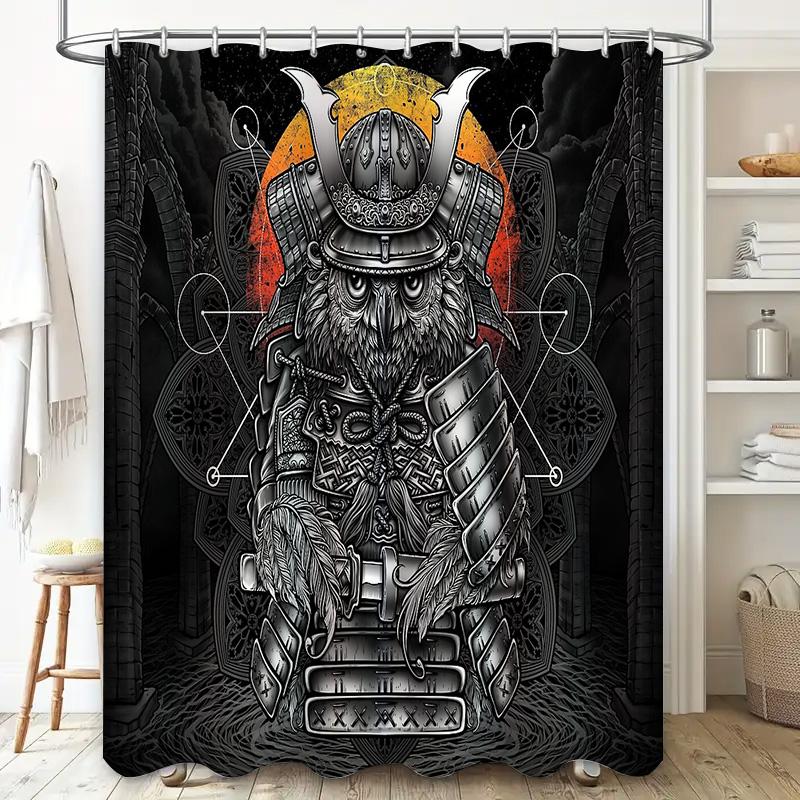 Japanese Samurai Warrior Owl Tapestry Shower Curtain Anime Forest Dark Art Home Decor Washable Bathroom Set