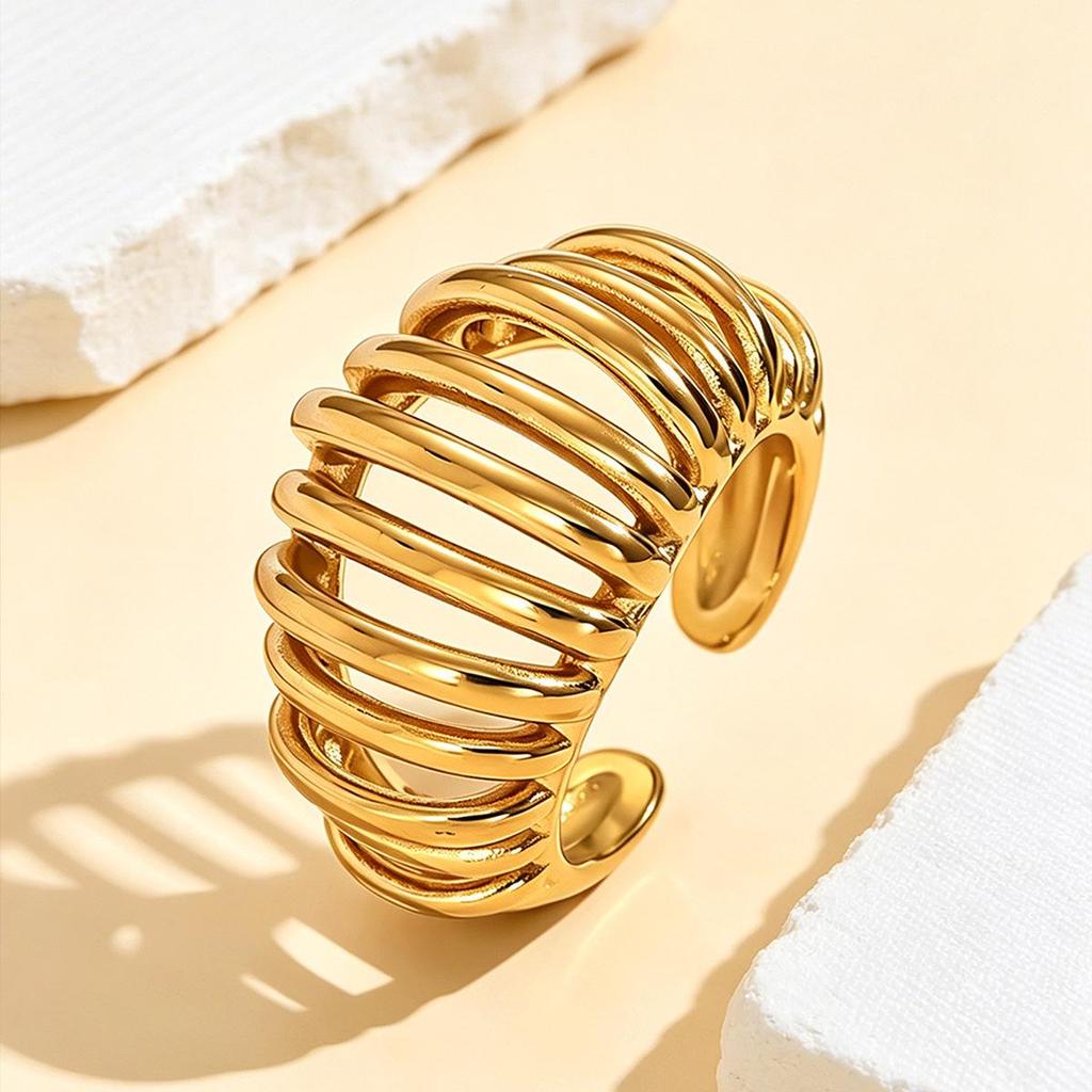High-End Adjustable Stainless Steel Geometric Hollow Ring for Women