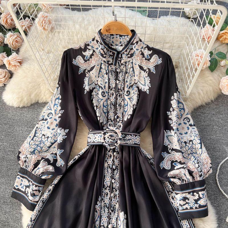 Vacation Style Stand-up Collar Puff Sleeve Wide Hem Printed Dress