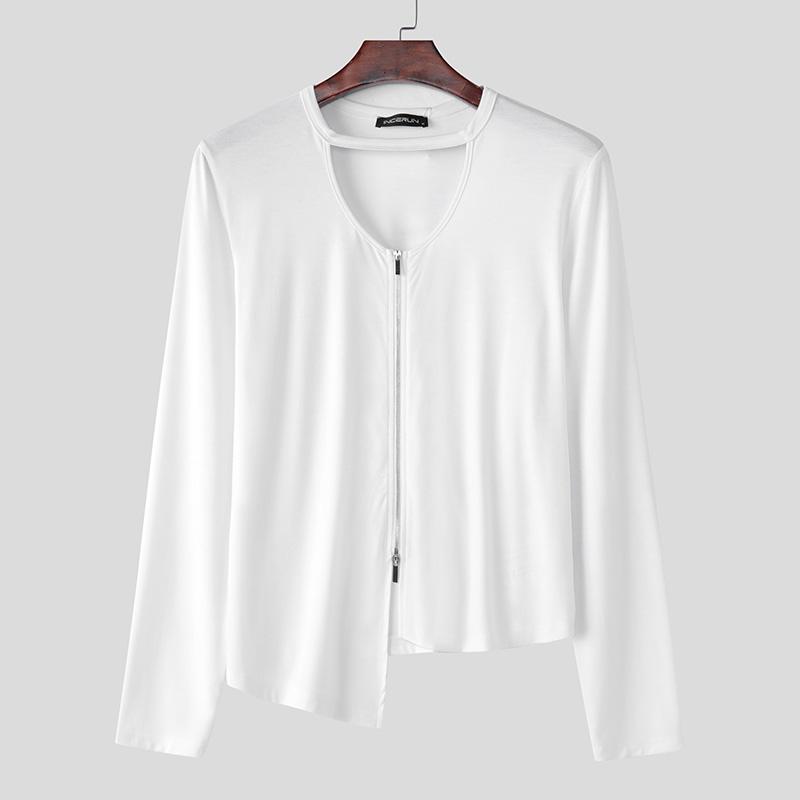 

INCERUN Мужские футболки с вырезами на шее, длинными рукавами, молниями и разрезами, нерегулярные XL белый