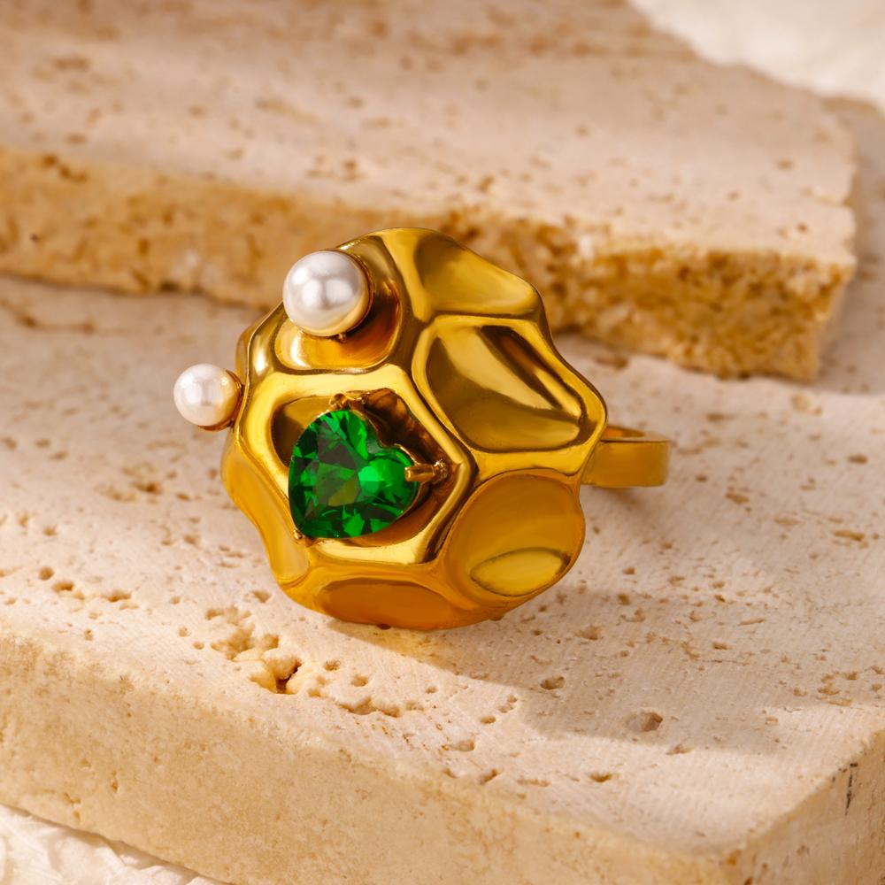 Inele Inimă cu Zircon Cristal Verde Vintage Pentru Femei Culoare Aur Oțel Inoxidabil Inel Deschis Modă Estetic Zircon Cadou Nuntă