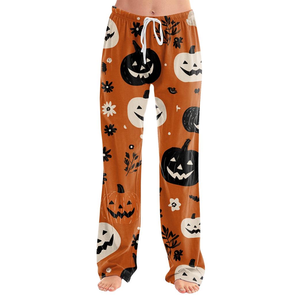 Women Loose Fit Casual Halloween Printed Pants Elastic Waist Relaxed Trousers with Pumpkin Pattern for Daily Wear