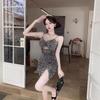 Sequin suspender dress women's autumn and winter with coat inner temperament tight bottom hip bag small black skirt dress