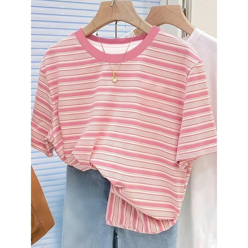Elegant and fashionable new spring and summer round neck striped loose casual commuting versatile slimming women's top T-shirt