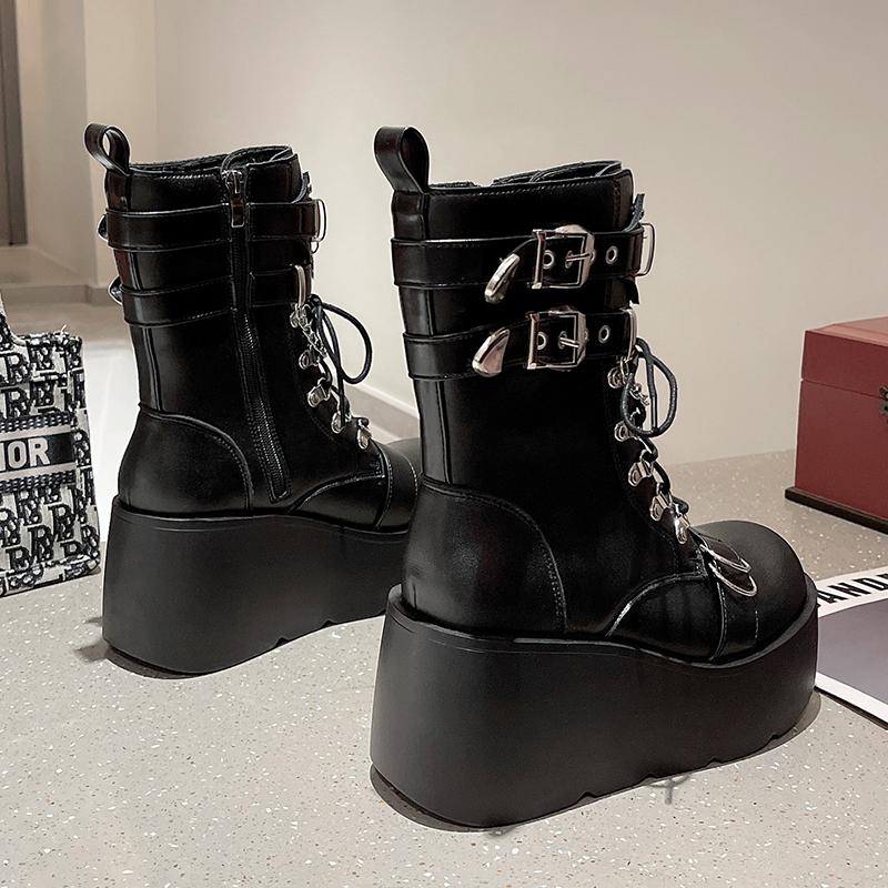 Fashion New Punk Women Platform Ankle Boots Female's Rock Round Toe Lace Up Zip Fashion Retro Chunky Shoes Metal Decor Short Boots