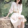 Boho Hollow Embroidery Midi Dress, Tassel V Neck 3/4 Sleeve Dress with Free Woven Belt, 75% Polyester S-XL