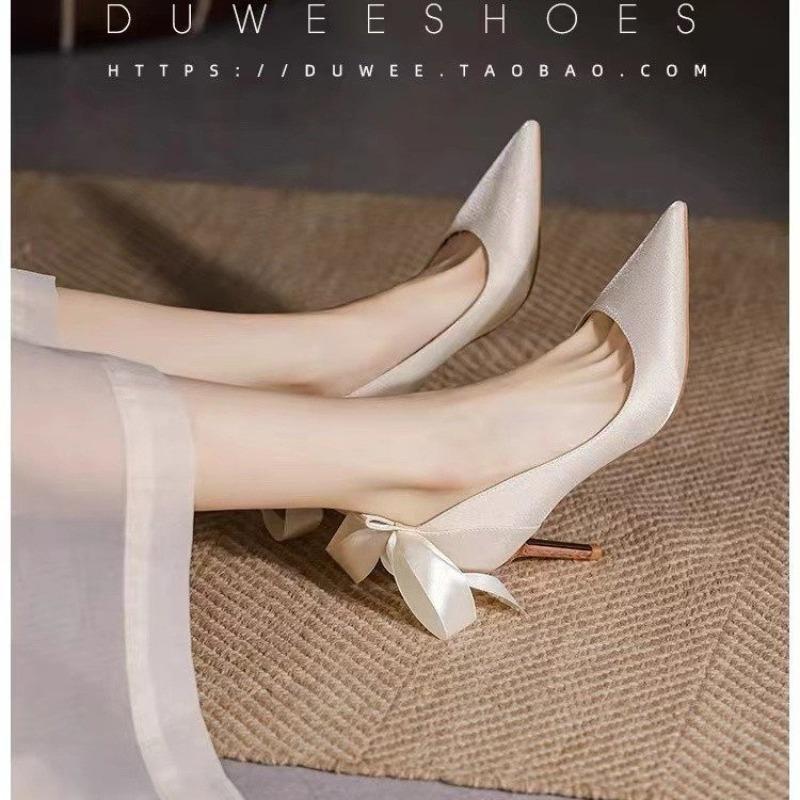 Fashion Women White Stiletto Wedding Shoes Bow Elegant Fashion Pointed Designer High Heels Women High Quality Banquet High Heels Tacones