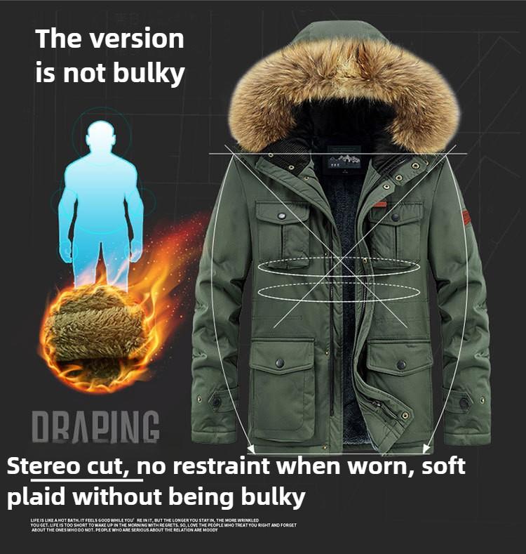 Men's Mid-Length Winter Fleece-Lined Hooded Warm Coat Youth Casual Multi-Pocket Thickened Coat