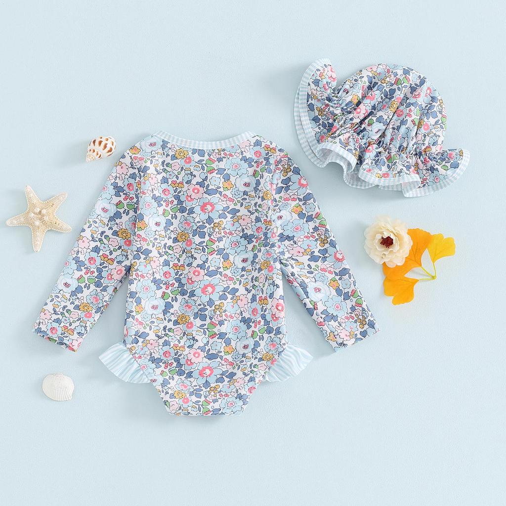 Baby Girl Rash Guard Swimsuit Long Sleeve Floral Print Bathing Suit Infant Swimwear with Bowknot Sun Hat