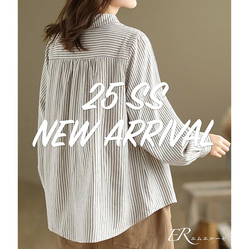 [Meluse] shirt stripe blouse cotton linen style Thin Relaxing casual cufflinks spring summer autumn ladies comfortable black color cotton style shirt