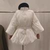 Winter new French retro stand-up neck lantern sleeve waist medium and long thermal down jacket with belt