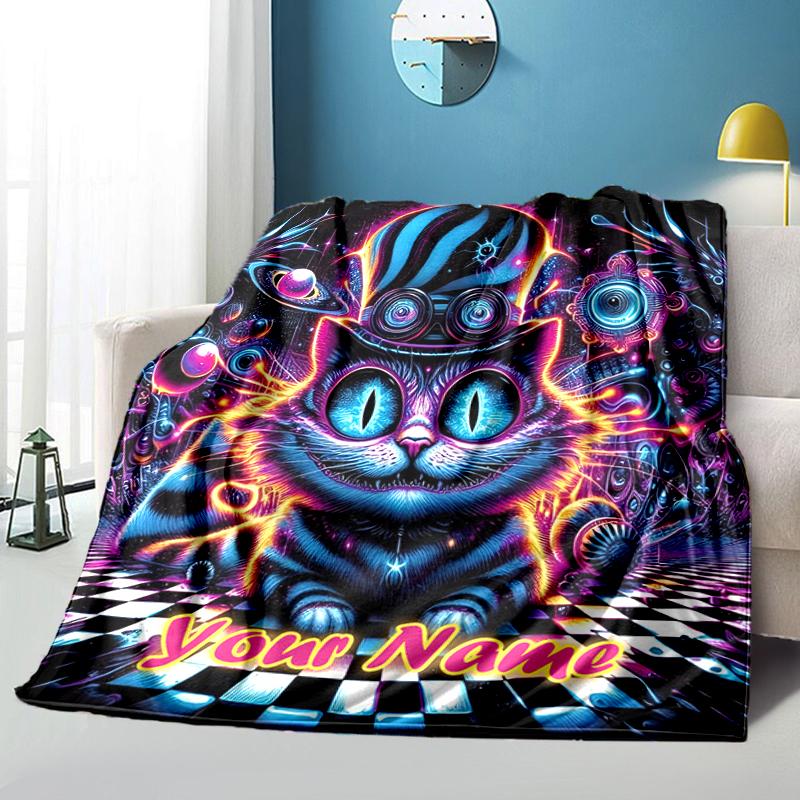 1PC Custom Name Psychedelic Cat Dreamscape flannel blanket versatile,all-season throw suitable for the living room,bedroom,camping,travel,and gift
