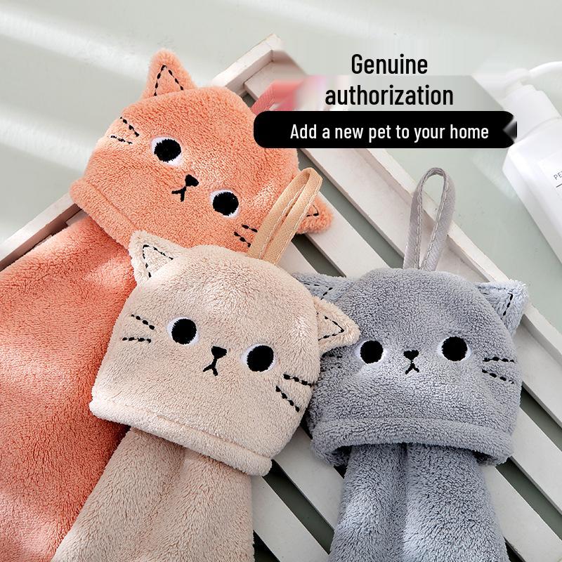 Coral Fleece Cat Embroidered Hanging Towel - Absorbent & Dual-use for Kitchen/Bathroom