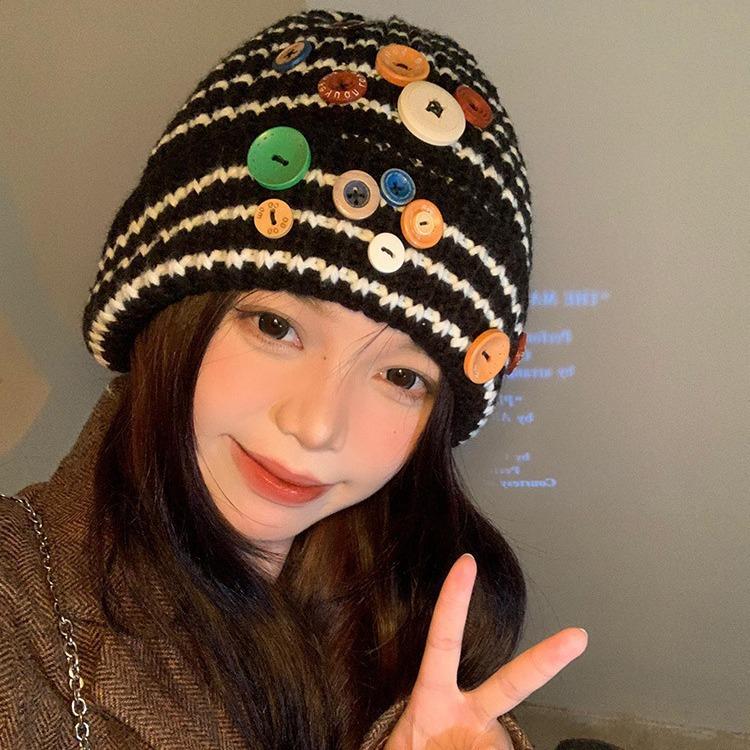 Button black and white striped wool hat for women, small face, warm knitted hat, big head circumference, ear protection hat