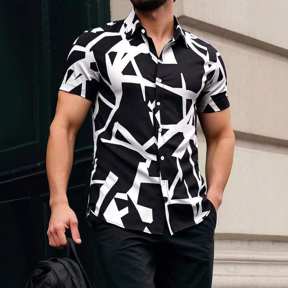 Men S Short Sleeve Striped Printed Slim Fit Breathable Summer Shirt M