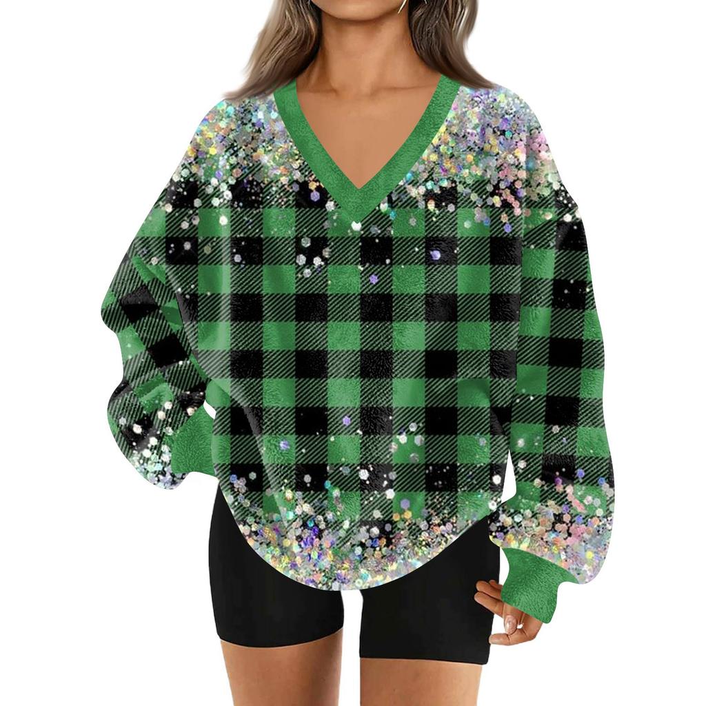 Women's Fashionable V-neck Christmas Printed Long Sleeved Casual Pullover Plush Warm Pocket Sweatshirt Top