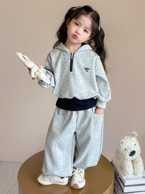 2025 Girls' Autumn Sports Set: Bowknot Sweatshirt for Early Fall