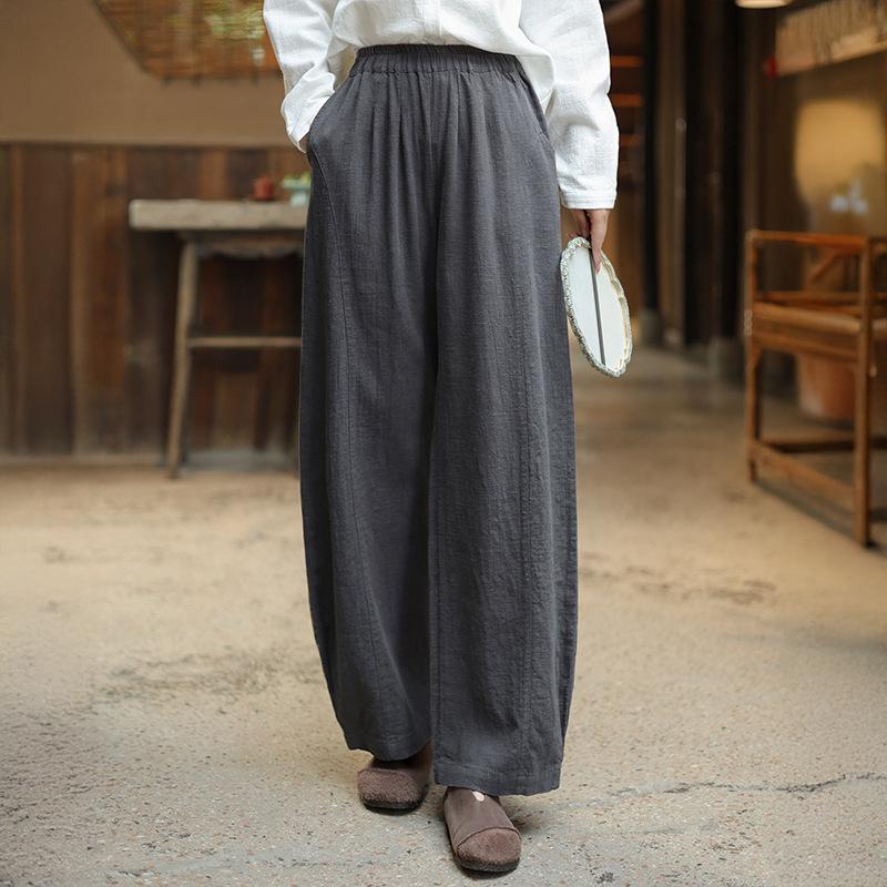 

Johnature Women Vintage Straight Pants Spring Solid Color Chinese Style Trousers Elastic Waist Pants M серый