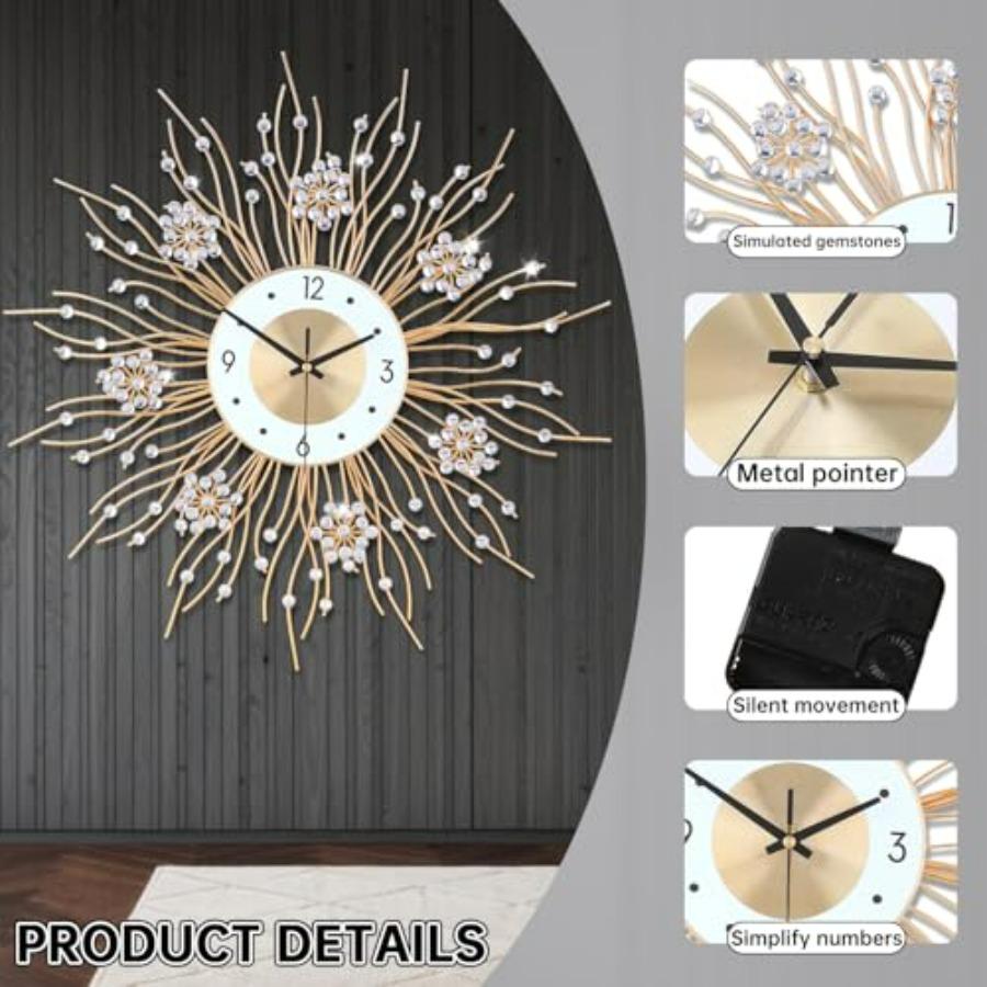 Large Silent Sunflower Shape Wall Clock Iron Metal Modern Non-Ticking Round Dial 27.5 Inch Chic Decorative Clock for Living Roo