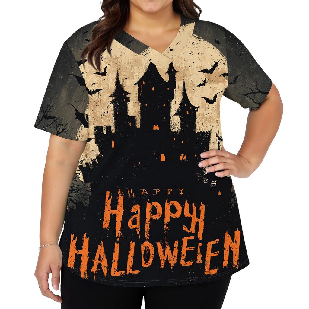 Haut d'uniforme d'infirmière à manches courtes et col en V avec imprimé Halloween, double poche et fentes latérales pour les professionnels de la santé