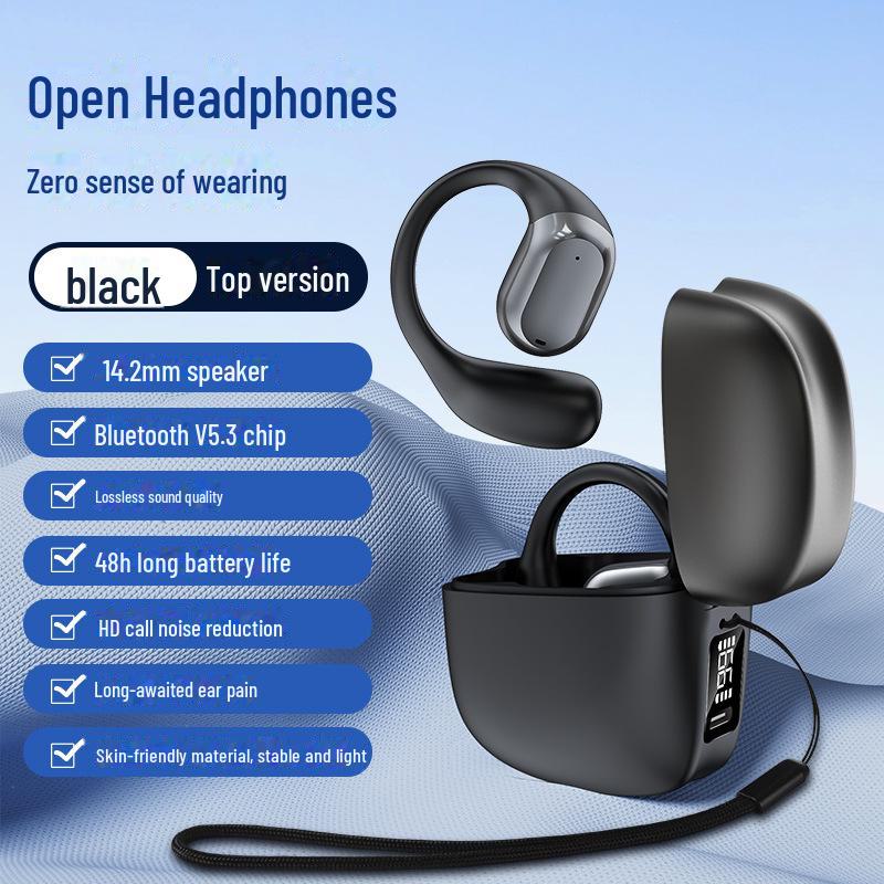 

Универсальная беспроводная Bluetooth-гарнитура для спорта: Длительный срок службы батареи, цифровой дисплей, не вставляемый в ухо дизайн T371 OWS box + lanyard чёрный