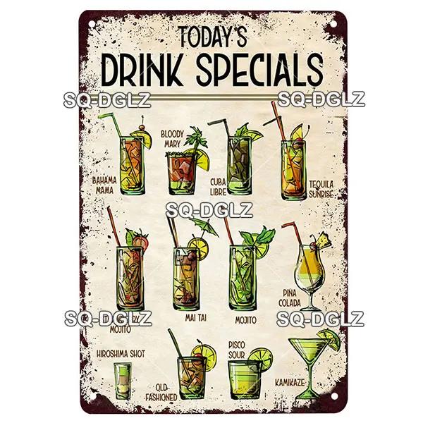 SQDGLZDrink Specials Metal Sign Vintage Plaque Plate Wall Decor For Pub Bar Cocktail Recipes Tin Sign Whiskey Menu Poster
