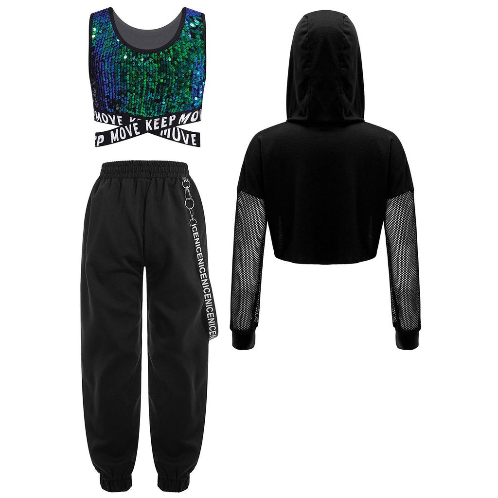 Kids Girls Street Dance Outfit 3Pcs: Sequins Criss-cross Waist Vest & Metal Chain Pocket Pants with Sheer Mesh Long Sleeve Hoodie for Performance