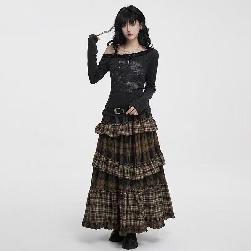 Meilade Brown Plaid Midi Skirt - Autumn Season, Long-Length