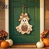 Vintage Style Halloween Sign Cute Bow Ghost Hanging Sign, Rustic Retro Floral Door with Pumpkin Party Background Decor Basket, Wooden Pendant
