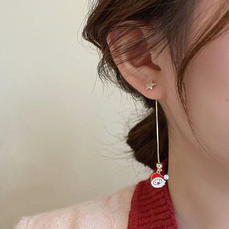 Moving Santa Claus Long Tassel Drop Earrings For Women Fashion Christmas Tree Snowflake Asymmetric Earring New Year Jewelry Gift